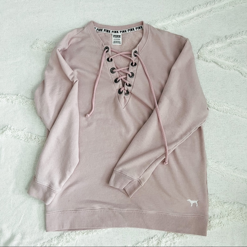 Victoria’s Secret pink lace up tunic length crew neck  pullover light pi…